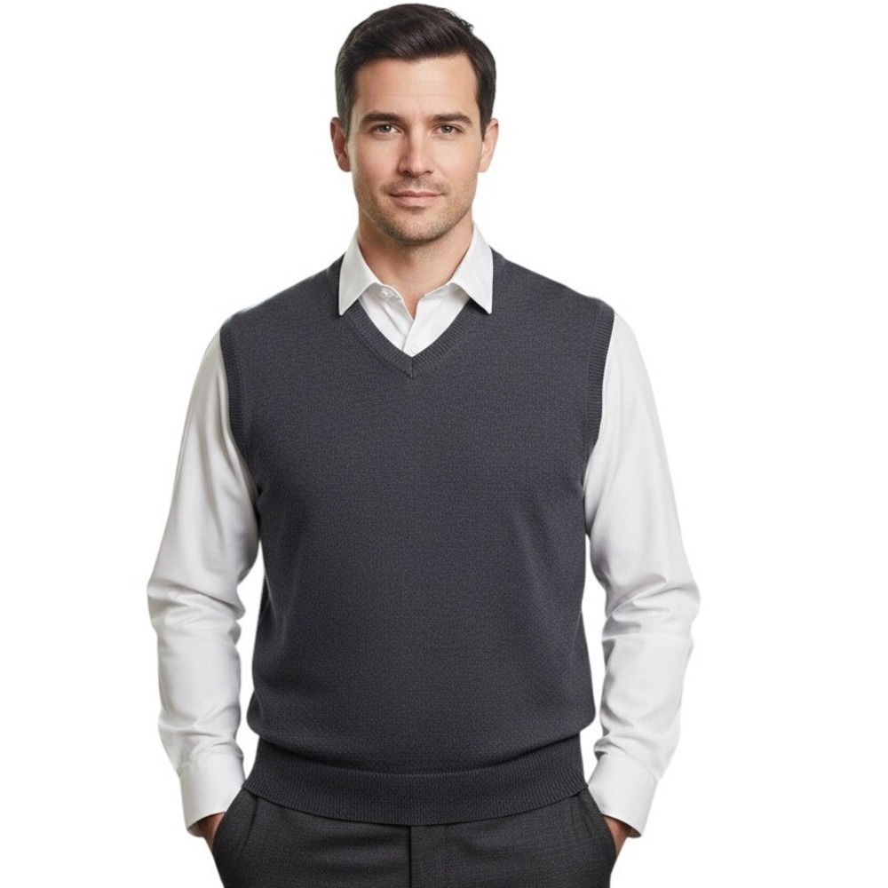 Pronto Uomo Sweater Vest Mens XL Gray Extra Fine Merino‎ Wool V-Neck Solid Knit